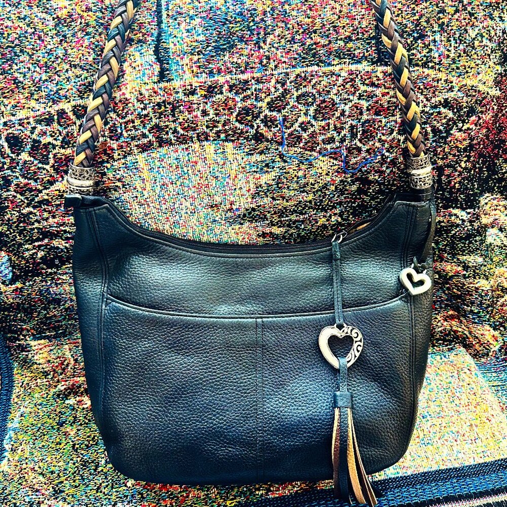 Vintage Black Genuine Leather Brighton Shoulder Bag Purse w/ Braided Strap
